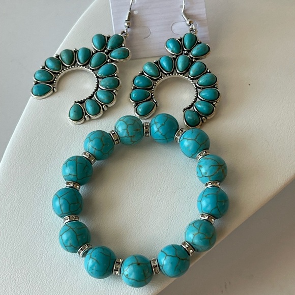 Turquoise Teal Blue Bracelet Earrings Dangle Drop Jewelry Set 2Pc - Picture 4 of 4
